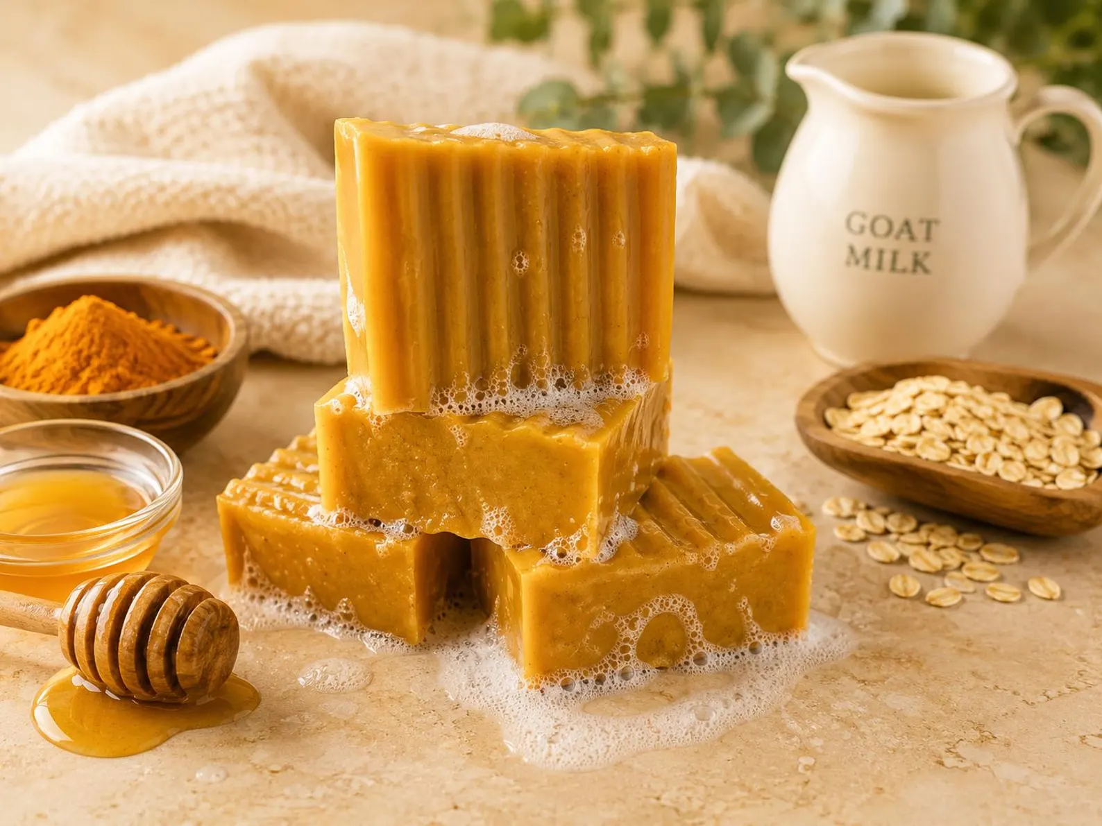 Stack of ribbed golden goat milk, turmeric and honey soap bars with oats and a honey dipper