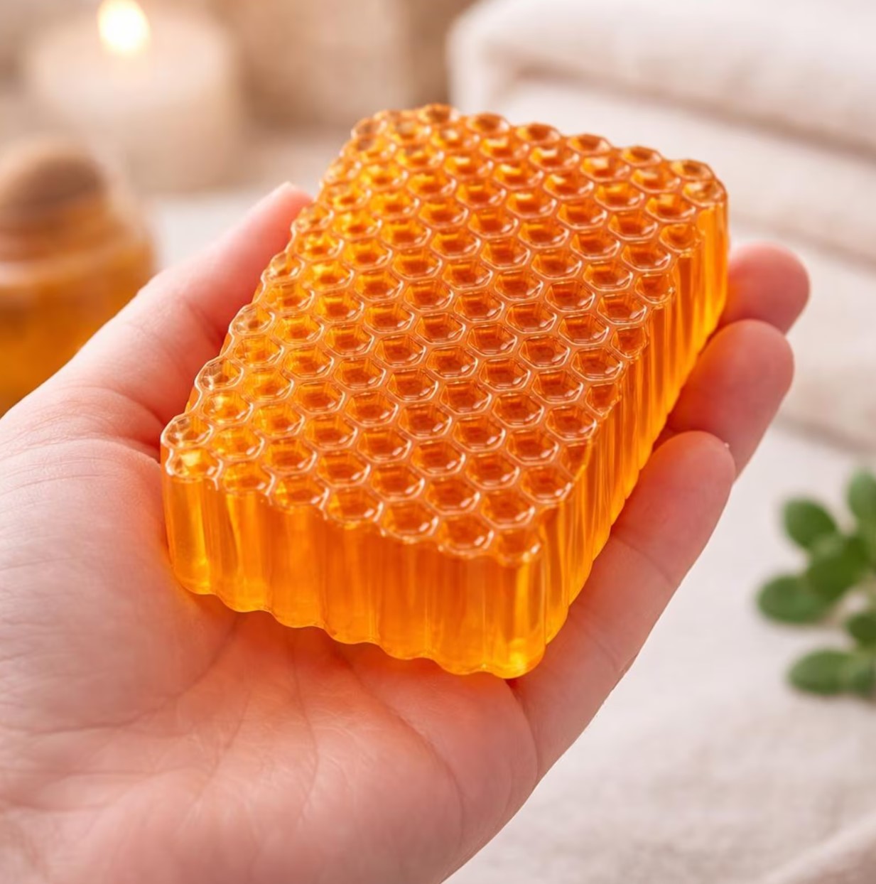 Hand holding a large amber honeycomb-textured glycerin soap bar