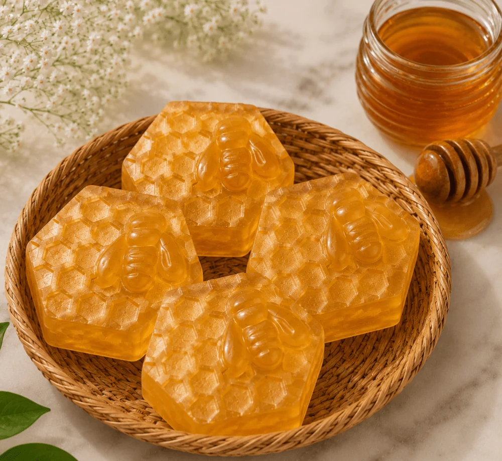Four golden bee-stamped honeycomb soaps in a rattan tray beside a jar of honey